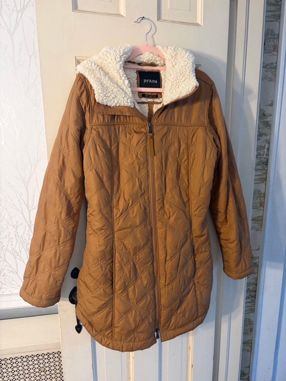 Prana Quilted Puffer Coat with Sherpa Lining in Brown